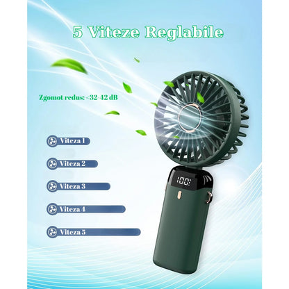 Ventilator Portabil 3 in 1 cu Aromaterapie, Ecran LCD, 5 Viteze, Incarcare USB, Autonomie 12 Ore, Pliabil, Verde