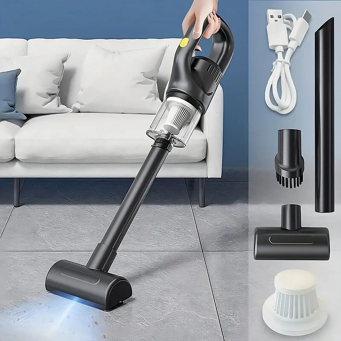 Aspirator portabil fără fir – autonomie 45 min, încărcare USB, pentru casă și mașină, negru