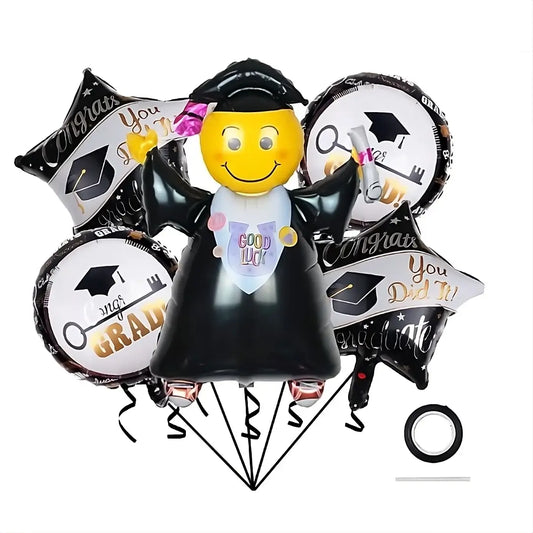 Set 5 baloane folie metalizată – temă Absolvire, figurina absolventă + 2 stele + 2 rotunde, alb-negru, umflare aer/heliu
