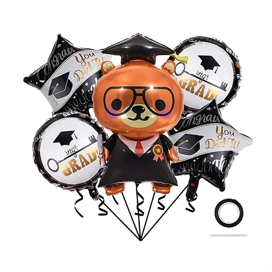 Set 5 baloane folie metalizată – tematică Absolvire, figura ursuleț + 2 stele + 2 rotunde, alb-negru, umflare aer sau heliu