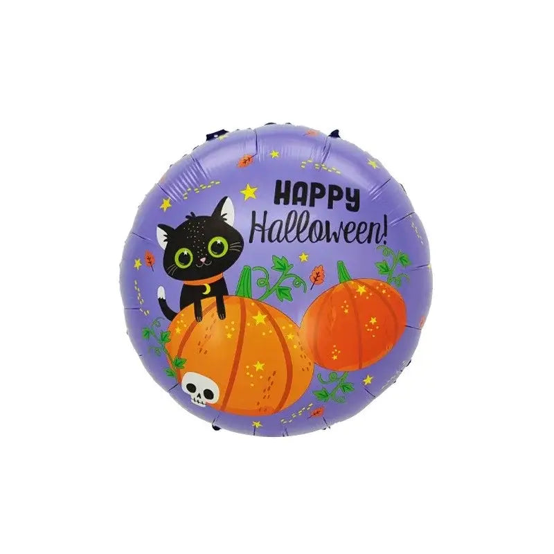 Set 5 baloane folie metalizată – Halloween multicolor, umflare aer sau heliu, figurina dovleac + pisică 84×69 cm + stelute & cerculete