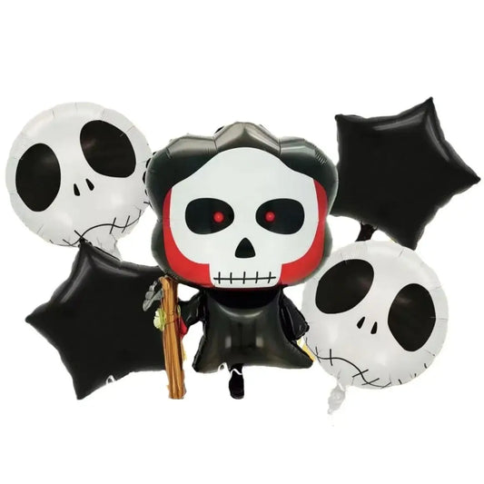 Set 5 baloane folie metalizată – temă Halloween, figurina craniu 50,5×74 cm + stelute & cerculete, alb-negru