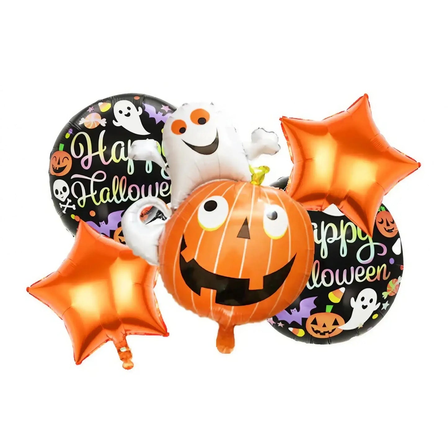 Set 5 baloane folie metalizată – Halloween multicolor, umflare aer sau heliu, figurina dovleac + fantomă 64×80 cm + stelute & cerculete