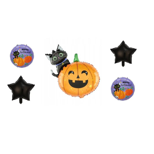 Set 5 baloane folie metalizată – Halloween multicolor, umflare aer sau heliu, figurina dovleac + pisică 84×69 cm + stelute & cerculete