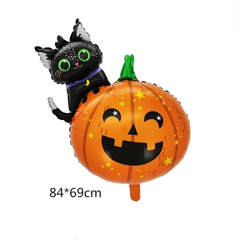 Set 5 baloane folie metalizată – Halloween multicolor, umflare aer sau heliu, figurina dovleac + pisică 84×69 cm + stelute & cerculete