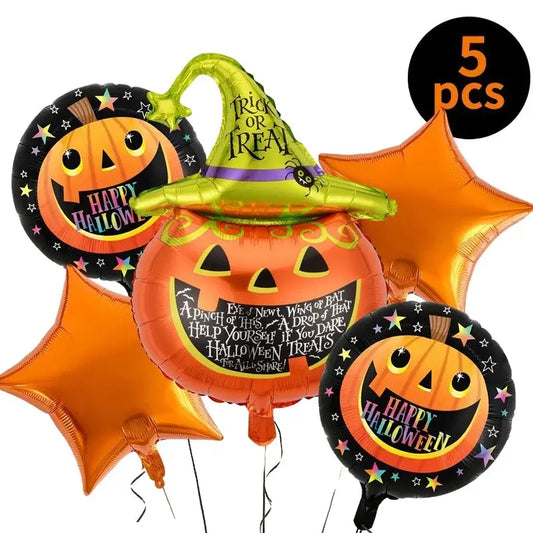 Set 5 baloane folie metalizată – decor Halloween multicolor, umflare aer sau heliu, figurina dovleac 54×87 cm + stelute / cerculete
