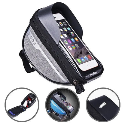 Borsetă bicicletă impermeabilă cu husă telefon – montare pe ghidon, compatibil telefoane până la 16 cm