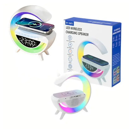 Boxă portabilă 4-în-1 LED multicoloră — ceas digital, radio FM, microfon și încărcare wireless
