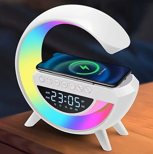 Boxă portabilă 4-în-1 LED multicoloră — ceas digital, radio FM, microfon și încărcare wireless