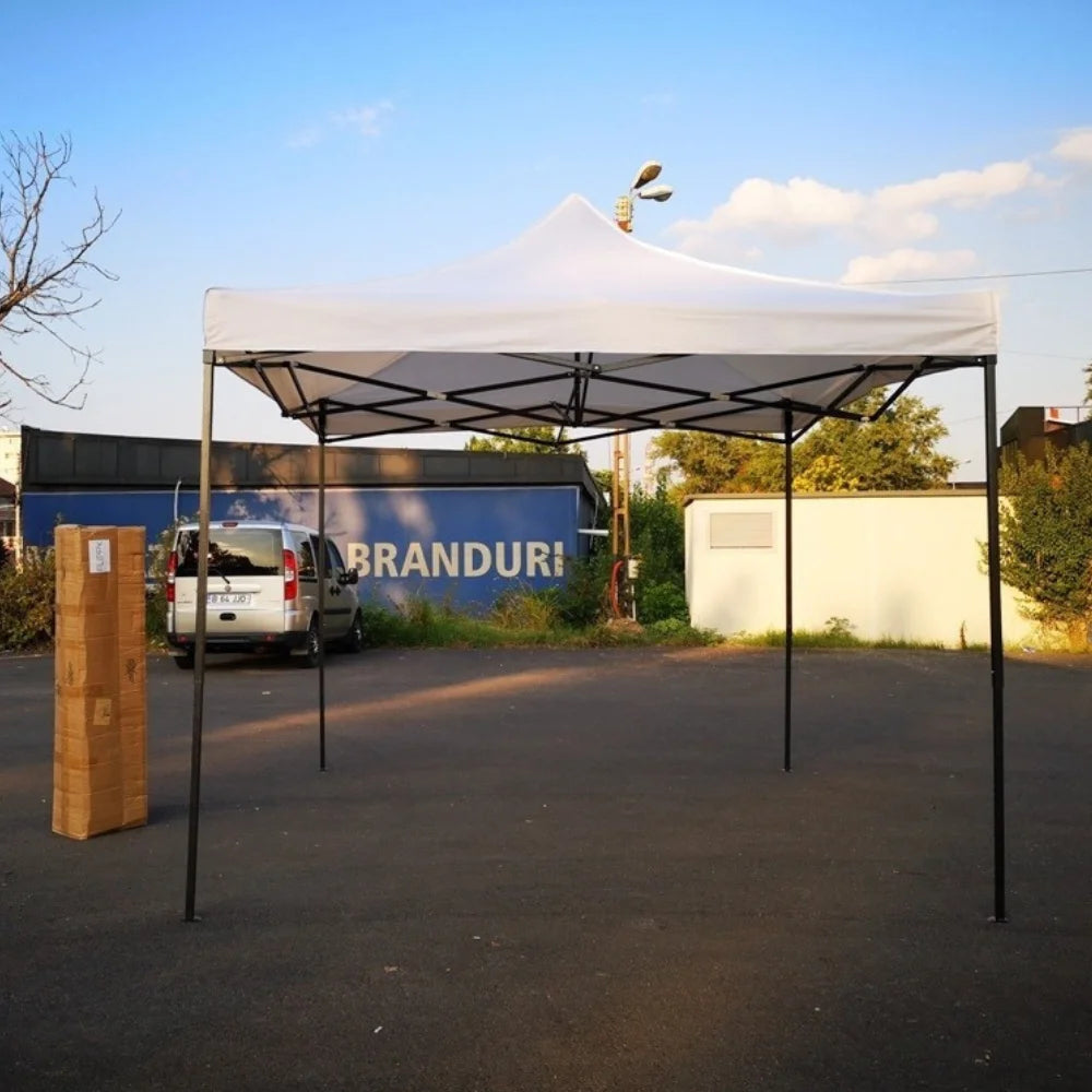 Cort pavilion pliabil 3x3 m, alb, cu cadru metalic, pentru gradina si curte