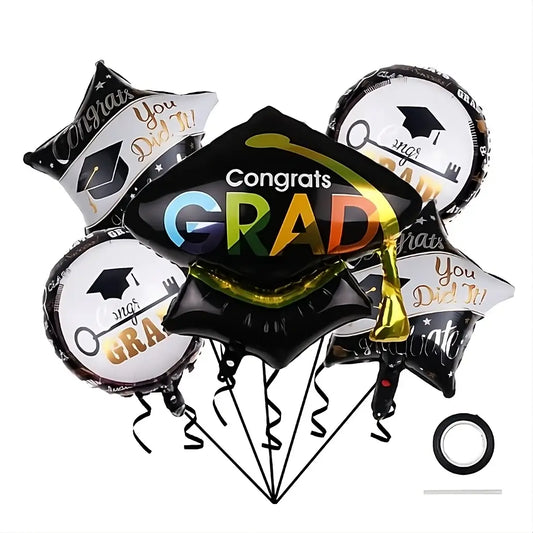 Set 5 baloane folie metalizată – figurina tocă + 2 stele + 2 rotunde, temă absolvie, alb-negru