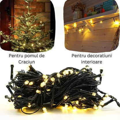 Instalație Crăciun – alb cald, fir negru, 8 moduri de lumină, interconectabilă, interior/exterior