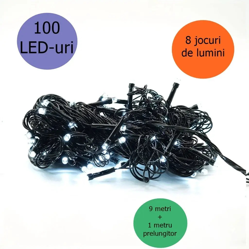 Instalație Crăciun – alb rece, fir negru, 8 moduri de lumină, interconectabilă, interior/exterior