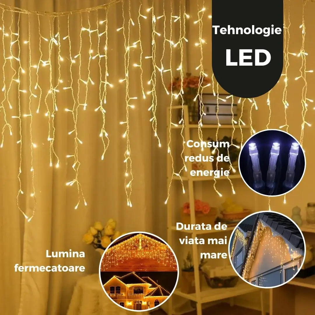 Instalație Crăciun tip franjuri / turturi – alb cald, fir transparent, 8 moduri de lumină, interconectabilă, interior/exterior