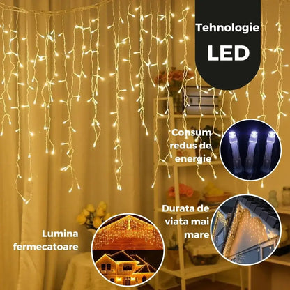 Instalație Crăciun tip franjuri / turturi – alb cald, fir transparent, 8 moduri de lumină, interconectabilă, interior/exterior