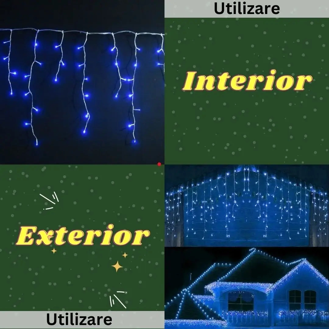 Instalație Crăciun tip franjuri / turturi – albastru, fir transparent, 8 moduri de lumină, interconectabilă, interior/exterior