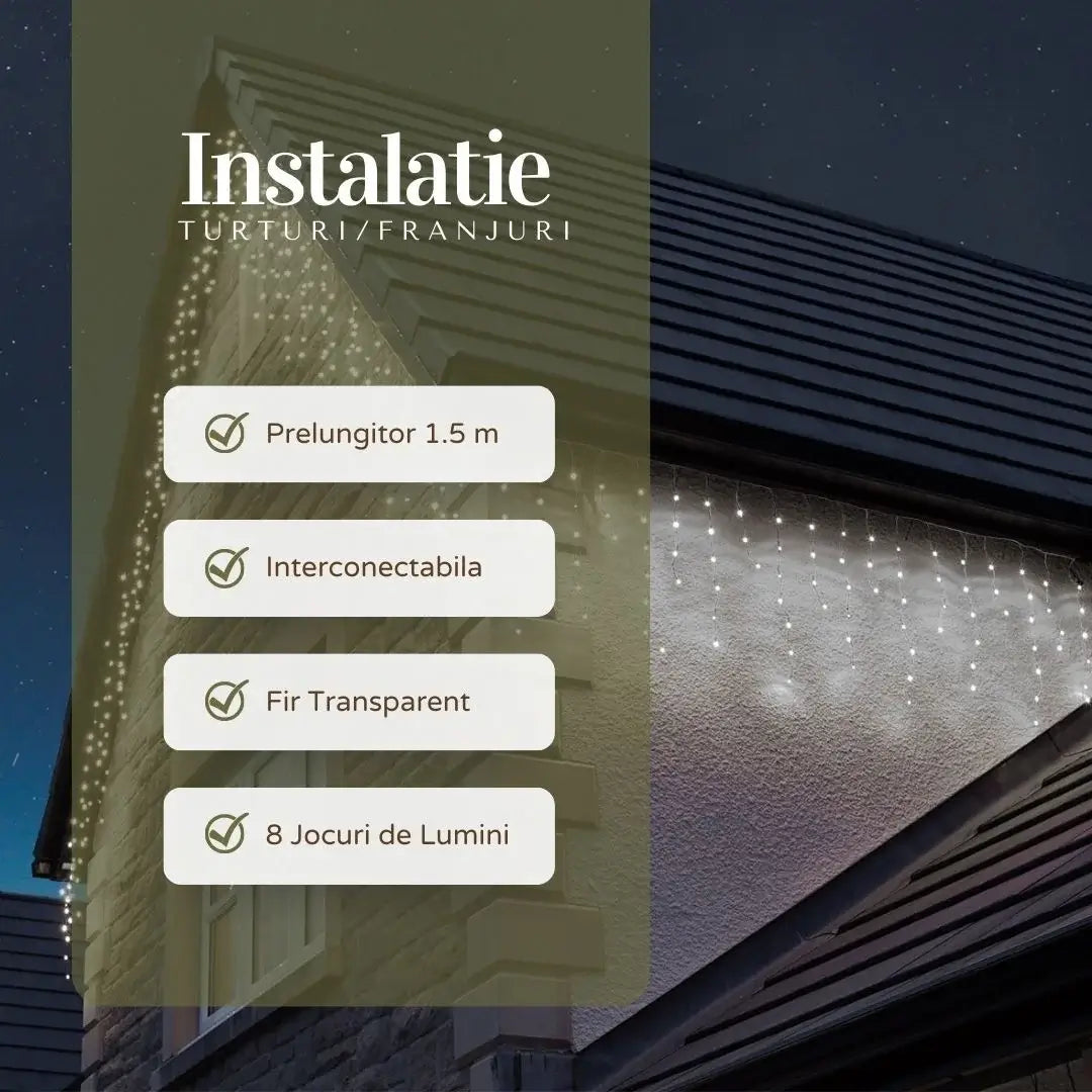 Instalație Crăciun tip franjuri / turturi – multicolor, fir transparent, 8 moduri de lumină, interconectabilă, interior/exterior