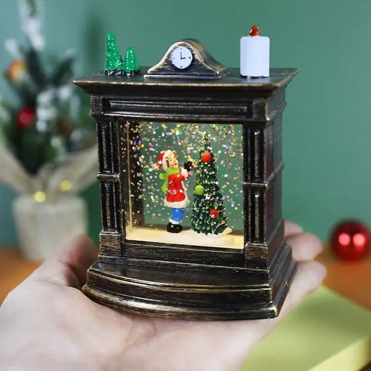 Decoratiune Crăciun tip semineu/ceas – glob de cristal cu fulgi de zăpadă, iluminare LED, 11,5 × 8,5 × 6,5 cm