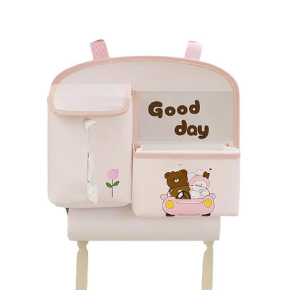 Geantă multifuncțională de depozitare pentru bancheta din spate 25×31 cm – model ursuleți, suport șervețele & telefon, roz