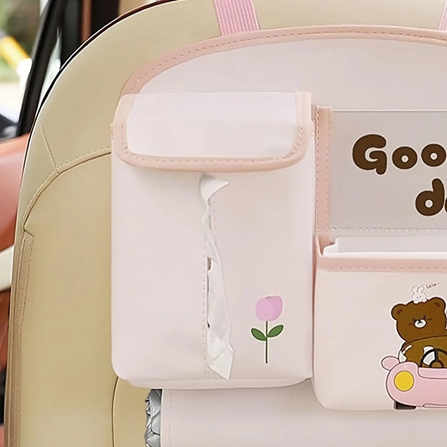 Geantă multifuncțională de depozitare pentru bancheta din spate 25×31 cm – model ursuleți, suport șervețele & telefon, roz