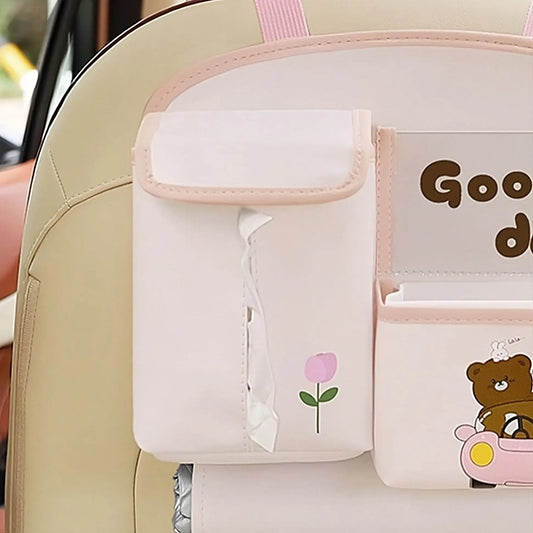 Geantă multifuncțională de depozitare pentru bancheta din spate 25×31 cm – model ursuleți, suport șervețele & telefon, roz