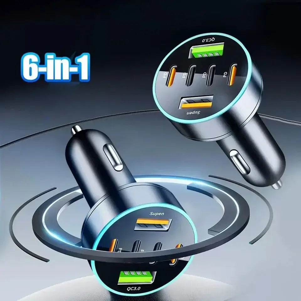 Încărcător auto 6 în 1 – 2×USB QC3.0 + 4×Type-C PD 65W, încărcare rapidă, negru