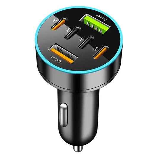 Încărcător auto 6 în 1 – 2×USB QC3.0 + 4×Type-C PD 65W, încărcare rapidă, negru