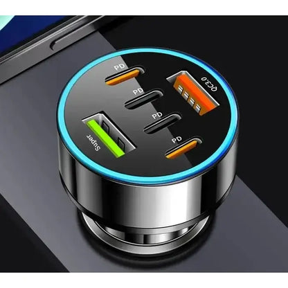 Încărcător auto 6 în 1 – 2×USB QC3.0 + 4×Type-C PD 65W, încărcare rapidă, negru