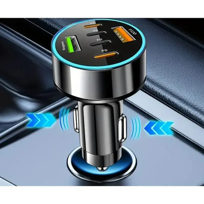 Încărcător auto 6 în 1 – 2×USB QC3.0 + 4×Type-C PD 65W, încărcare rapidă, negru