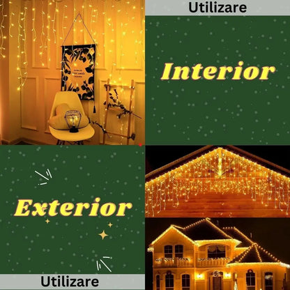 Instalație Crăciun tip franjuri / turturi – alb cald, fir transparent, 8 moduri de lumină, interconectabilă, interior/exterior