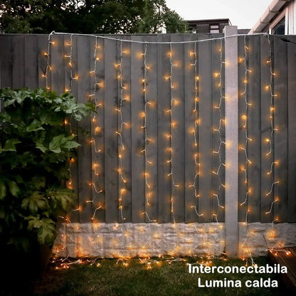 Instalație Crăciun tip perdea LED – 8 jocuri de lumină, fir transparent, alb cald, interior/exterior