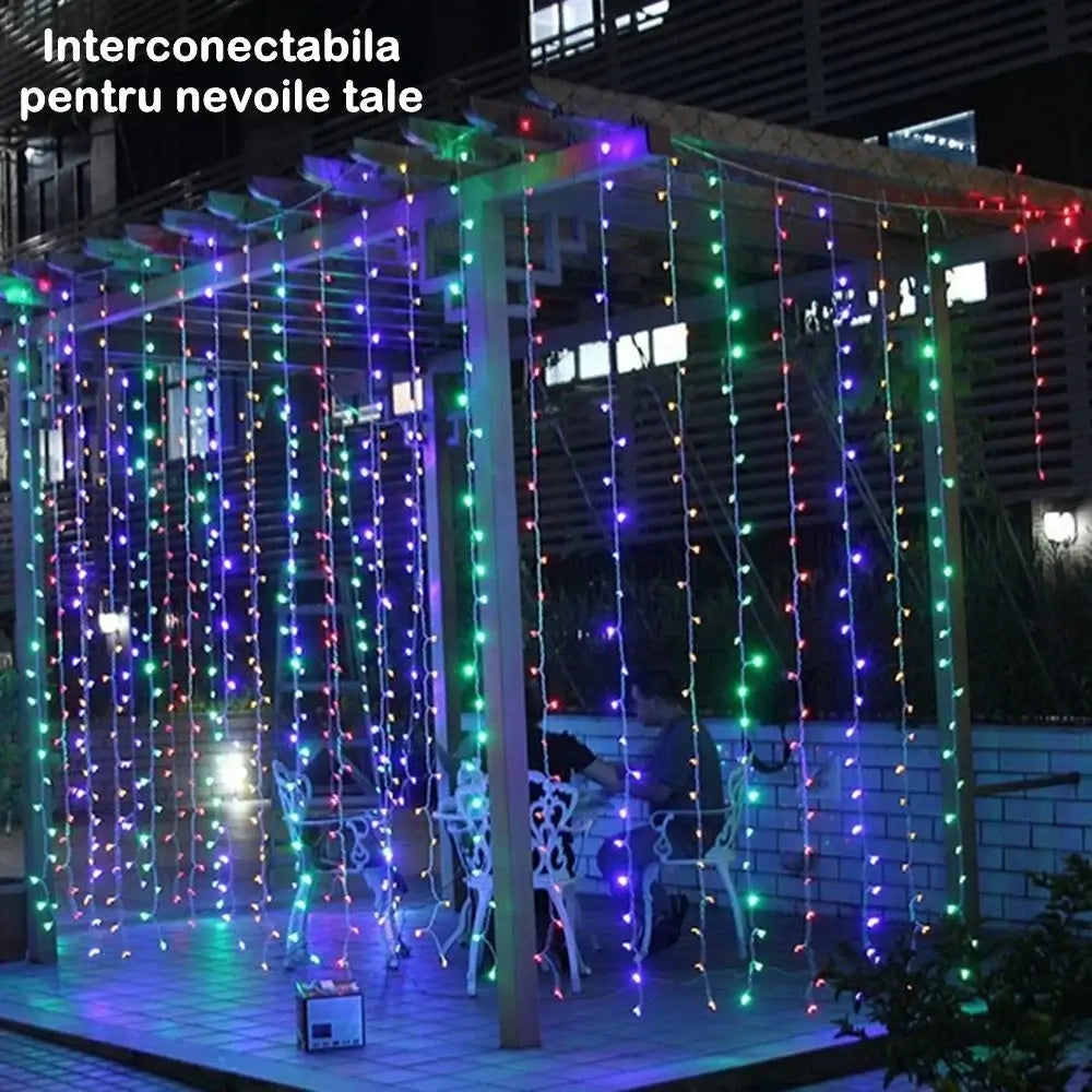 Instalație Crăciun tip perdea, multicolor, LED – 8 jocuri de lumină, fir transparent