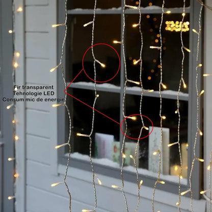 Instalație Crăciun tip perdea LED – 8 jocuri de lumină, fir transparent, alb cald, interior/exterior