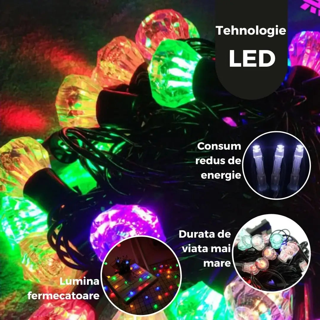 Instalație Crăciun liniară 10 m / 40 LED-uri – multicolor, fir negru, model Diamante, interior/exterior