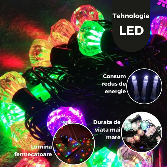 Instalație Crăciun liniară 10 m / 40 LED-uri – multicolor, fir negru, model Diamante, interior/exterior