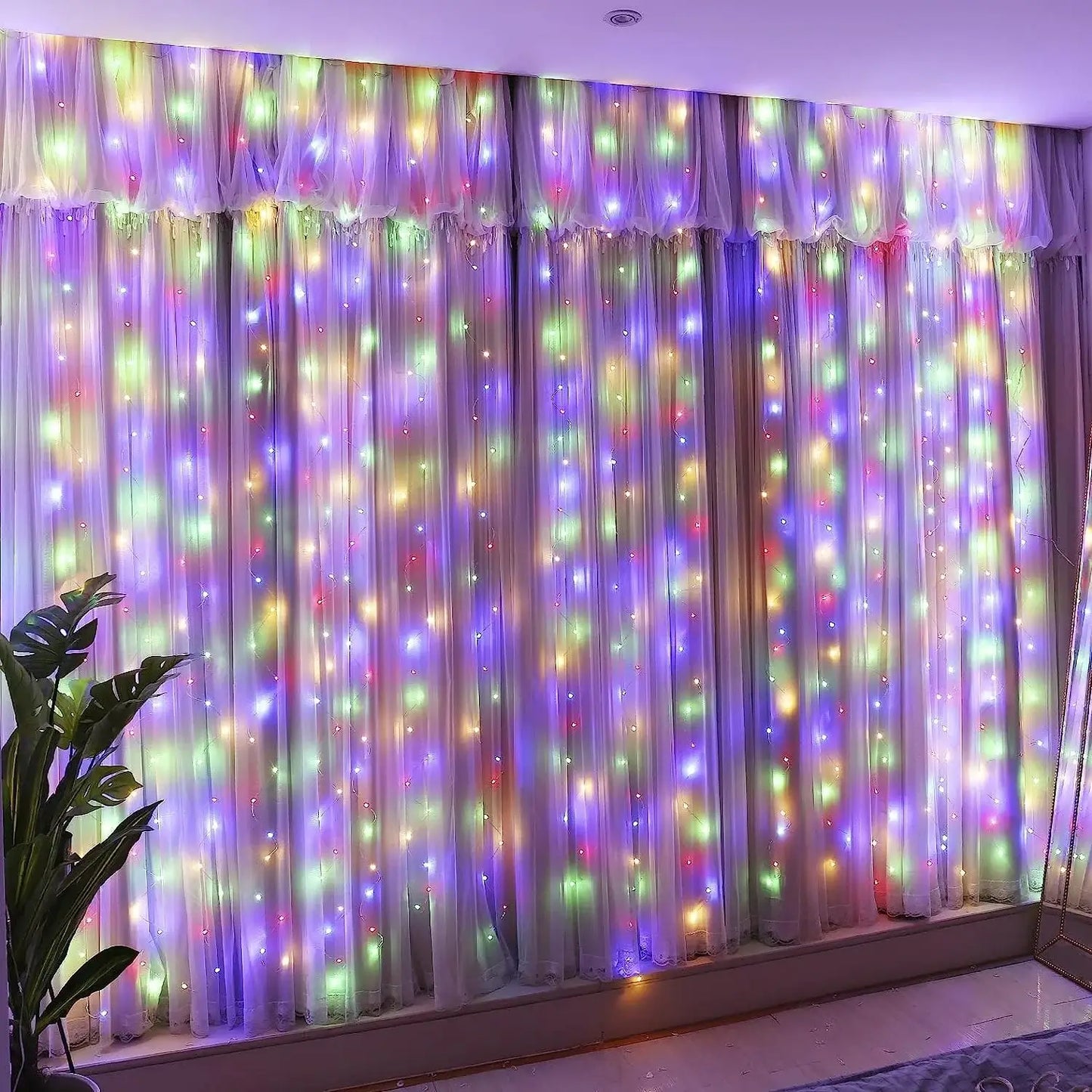 Instalație Crăciun tip perdea, multicolor, LED – 8 jocuri de lumină, fir transparent