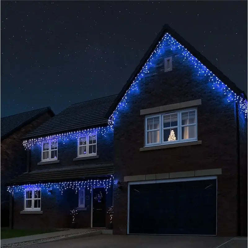 Instalație Crăciun tip franjuri / turturi – albastru, fir transparent, 8 moduri de lumină, interconectabilă, interior/exterior