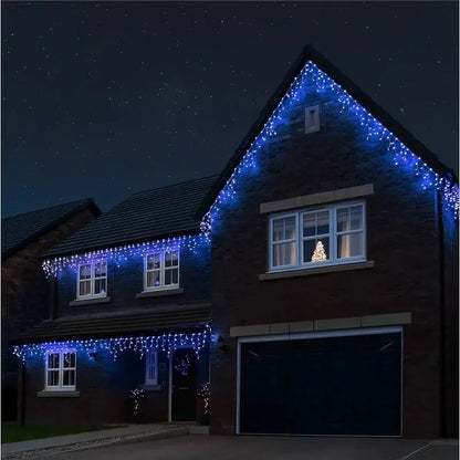 Instalație Crăciun tip franjuri / turturi – albastru, fir transparent, 8 moduri de lumină, interconectabilă, interior/exterior