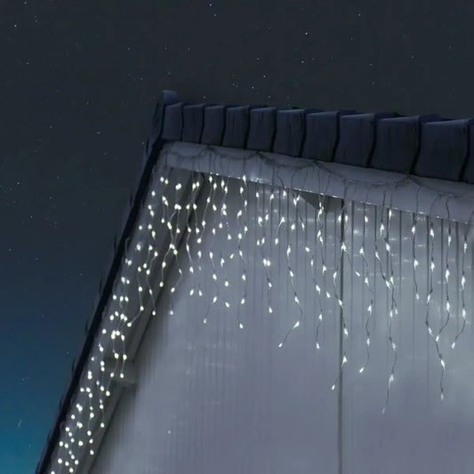 Instalație Crăciun tip franjuri / turturi – multicolor, fir transparent, 8 moduri de lumină, interconectabilă, interior/exterior