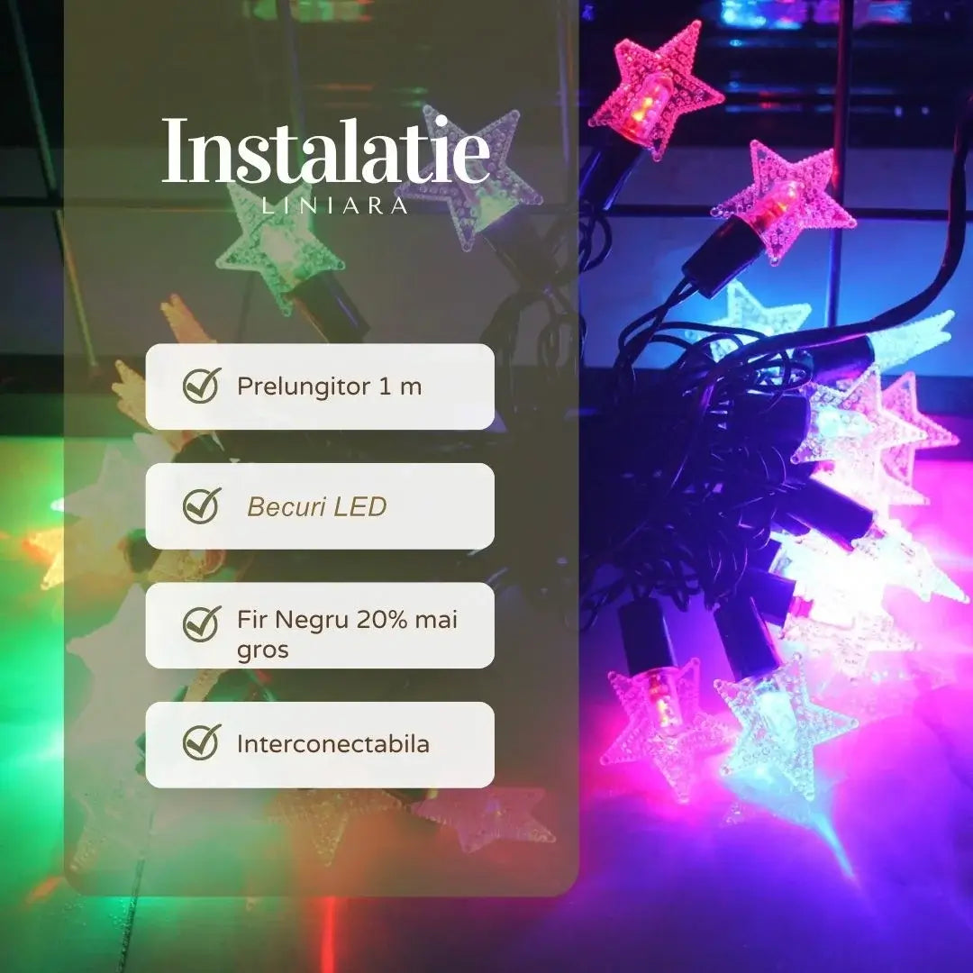 Instalație Crăciun liniară LED – 8 jocuri de lumină, fir negru, multicolor, interior/exterior