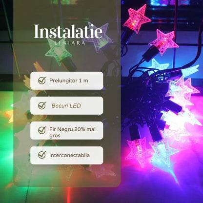 Instalație Crăciun liniară LED – 8 jocuri de lumină, fir negru, multicolor, interior/exterior