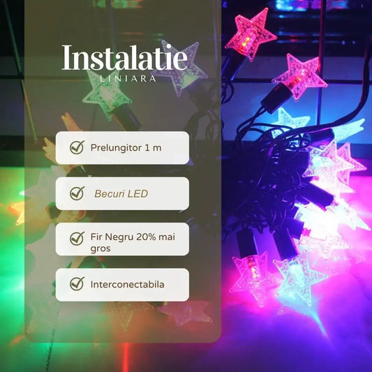 Instalație Crăciun liniară LED – 8 jocuri de lumină, fir negru, multicolor, interior/exterior