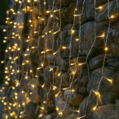 Instalație Crăciun tip perdea LED – 8 jocuri de lumină, fir transparent, alb cald, interior/exterior