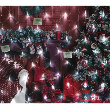 Instalație Crăciun tip plasă – alb rece, 8 moduri de lumină, fir transparent, interconectabilă, interior/exterior