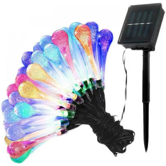 Instalație solară  cu panou solar – 6 m, 28 LED-uri, ornament picătură de apă, fir negru, multicolor/interior-exterior