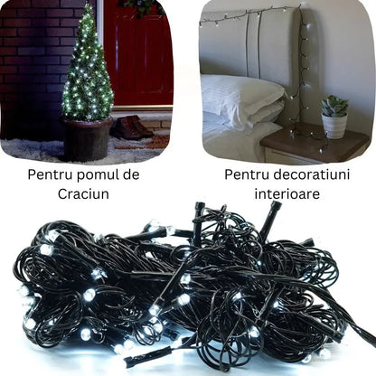 Instalație Crăciun – alb rece, fir negru, 8 moduri de lumină, interconectabilă, interior/exterior