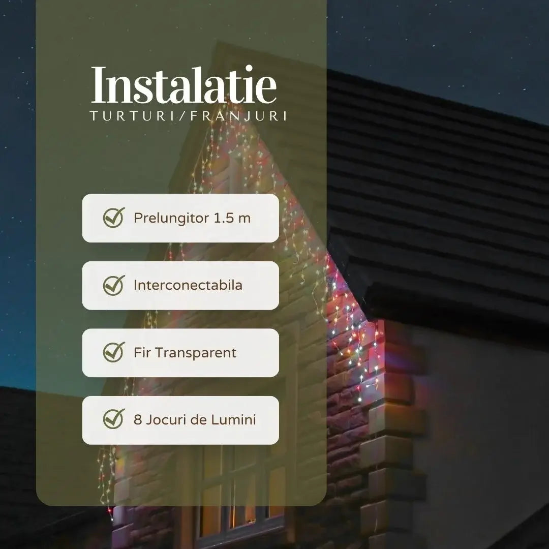 Instalație Crăciun tip franjuri / turturi – multicolor, fir transparent, 8 moduri de lumină, interconectabilă, interior/exterior, priza