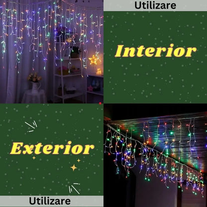 Instalație Crăciun tip franjuri / turturi – multicolor, fir transparent, 8 moduri de lumină, interconectabilă, interior/exterior, priza