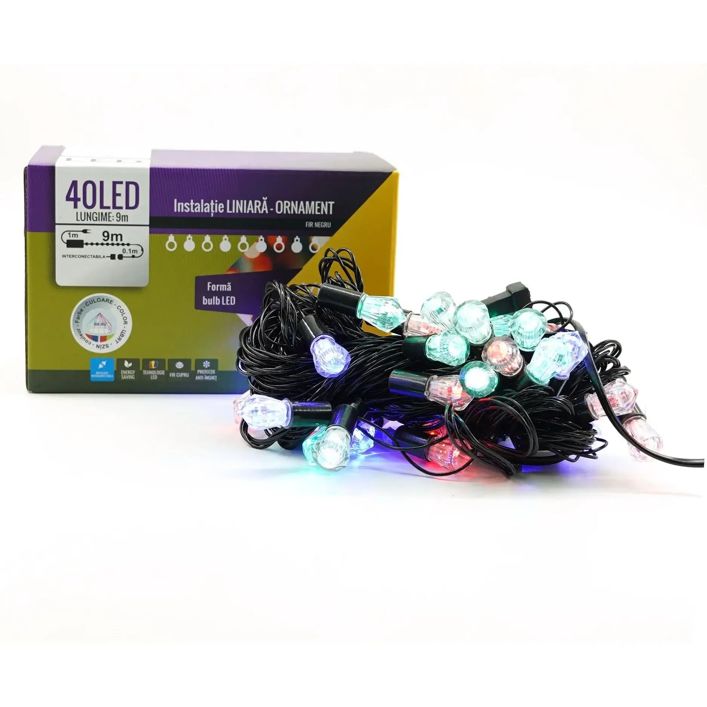 Instalație Crăciun liniară 10 m / 40 LED-uri – multicolor, fir negru, model Diamante, interior/exterior