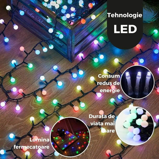 Instalație Crăciun liniară 10 m / 40 LED-uri – multicolor, fir negru, biluțe mate, interior/exterior